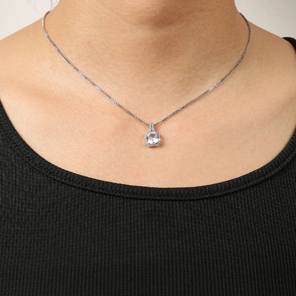 ZAKOL Simple Geometric Crystal White Zircon Pendant Necklace For Women Silver-Color Wedding Party Jewelry Gift With Box