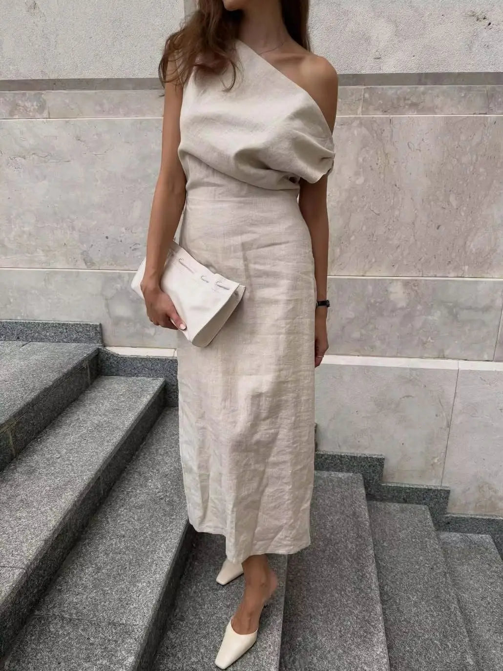 Elegant Solid One Shoulder Dresses Lady Skew Collar Waist-cinching Sleeveless Long Dress 2026 Women New Party Club Gowns