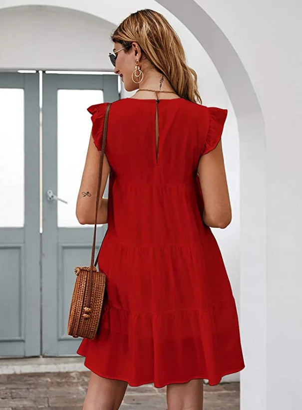 Women Elegant Ruffle Mini Dress Casual Solid O Neck Beach Party Sundress Simple Chic Loose Short Dress Vintage Harajuku Vestido