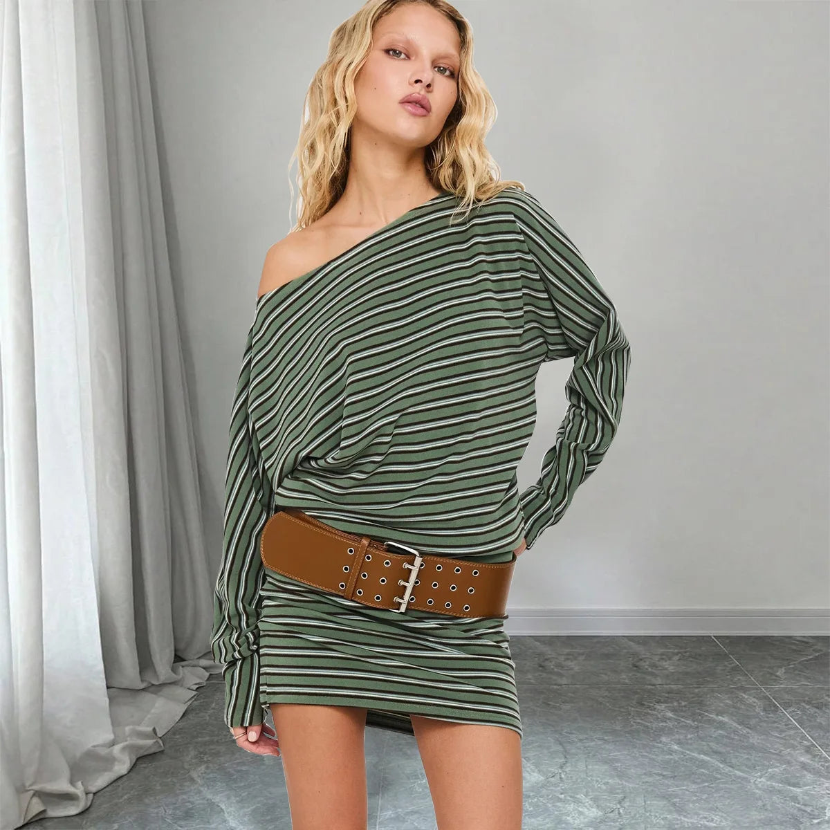BKLD 2026 Autumn New Fashion Elastic Striped Skew Shoulder Bodycon Dress Women Clothing Printed Long Sleeve Short Dresses