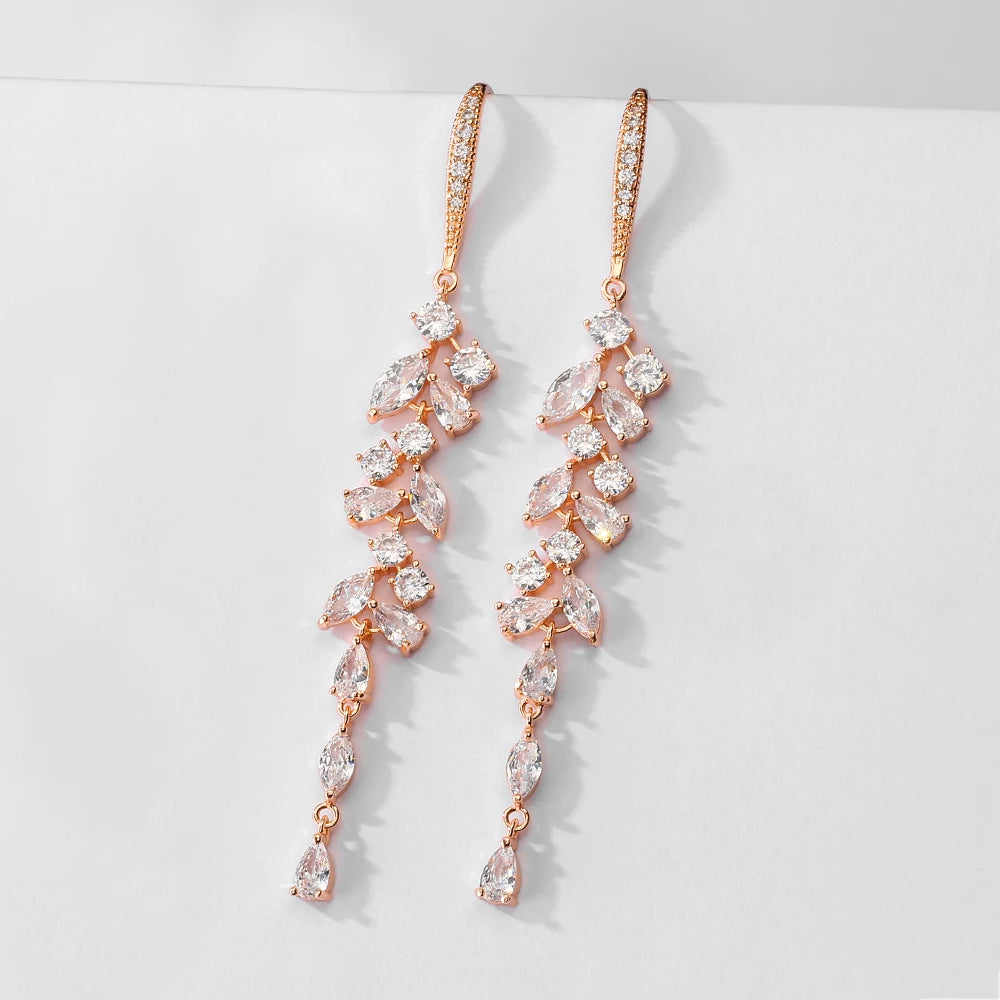 ZAKOL Fashion Cubic Zirconia Leaf Long Dangle Earrings for Elegant Women White Leaves Drop Earring Bridal Wedding Jewelry