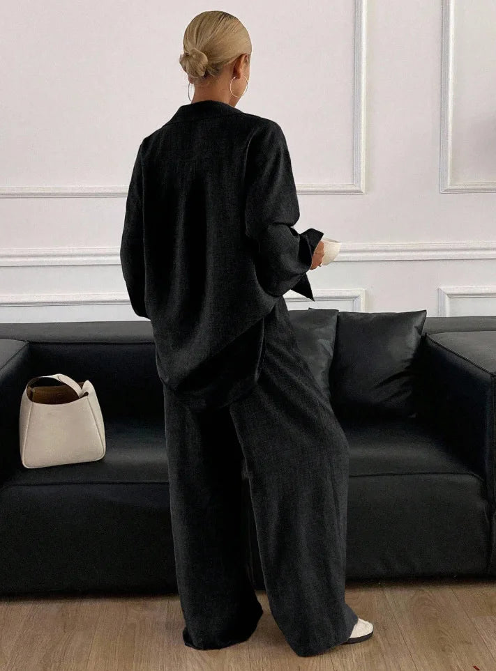2026 New Women Linen Two Piece Outfit Set Lapel Long Sleeve Button Shirts Elastic Waist Wide Leg Pants Casual Loose Home Suit