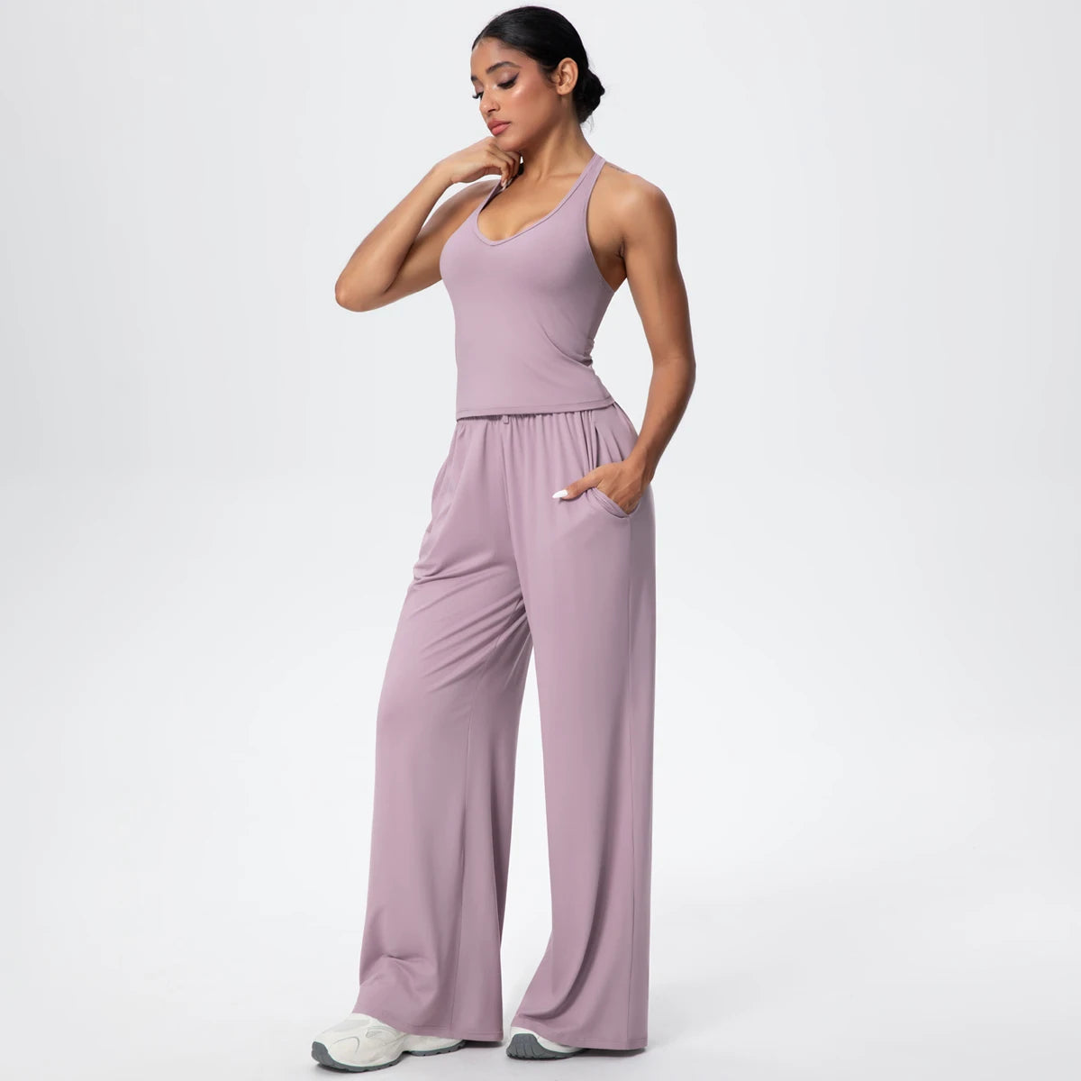 Breathable Loose Wide Leg Pants and Yoga Vest Set Solid Color High Stretch Pockets Pants Beautiful Back T-shaped Vest Yoga Suit