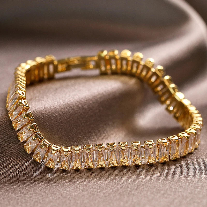 Fashion Korean Style Rectangle Zirconia Tennis Bracelets for Women Luxury Gold Color Crystal Party Jewelry