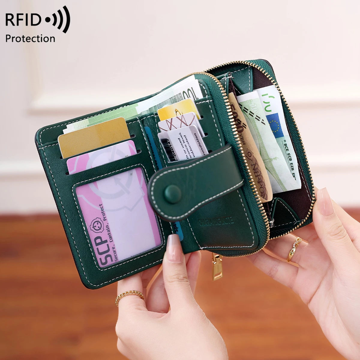 Women's RFID Blocking Wallet Multi-Card Holder Zipper Buckle Short Money Clip Retro Coin Wallet Functional Design
