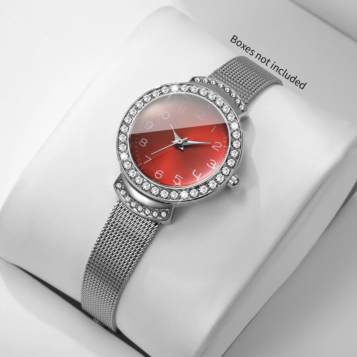 Fashion Rhinestone Red Dial Women Quartz Watch Silvery Mesh Strap Ladies Dress Wristwatches Clock Relogio Feminino（Without Box）