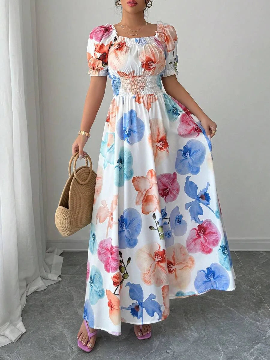 BKLD Women Clothing Summer Floral Print Dress Short Sleeve Square Collar Beach Holiday Outfits Waist Ruched Long Dresses Party