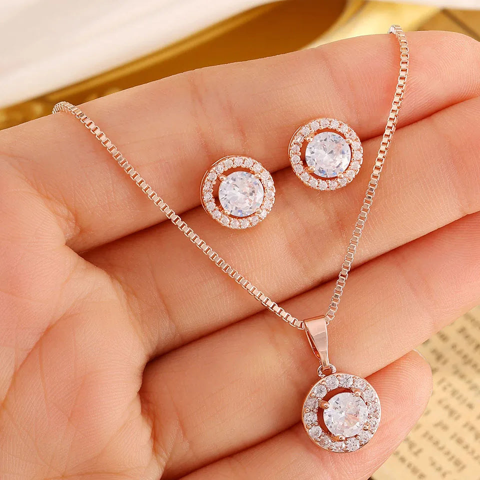 ZAKOL Creative Blue Turquoise Cubic Zirconia Round CZ Stud Earrings Necklace Set for Women Shiny Exquisite Jewelry Gifts