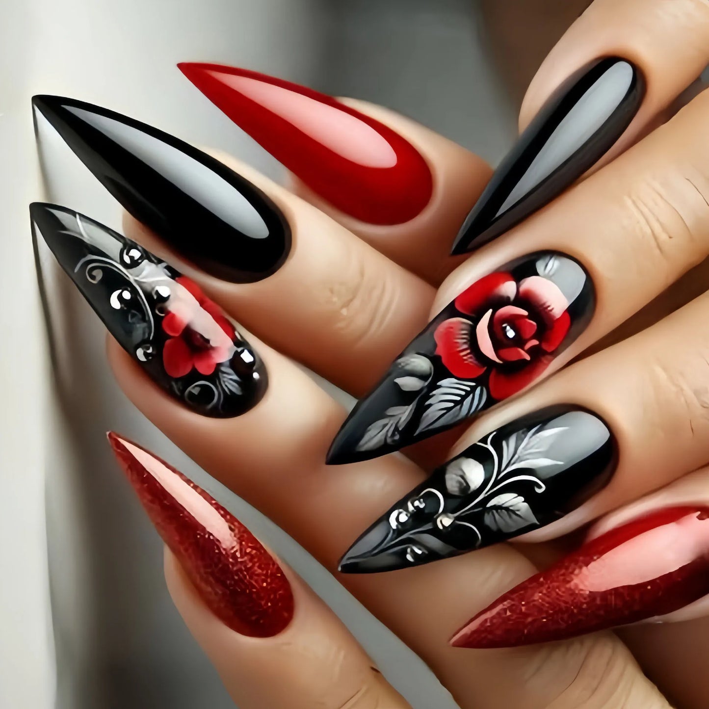 Medium long fake nails for women girl black red rose flowers for Valentine's Day waterdrop almond shape full cover press on nail