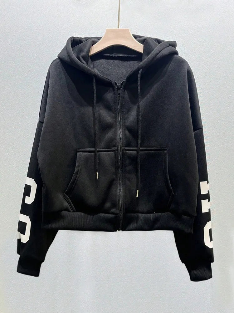 Women Y2K Crop Zip Up Hoodie Letter Print Oversized Long Sleeve Hooded Sweatshirt Casual Streetwear Short Jacket Outerwear