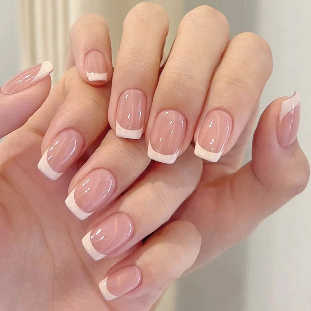 120Pcs Glossy Medium Coffin Press On Nails Pink Gradient French Fake Nails Acrylic Full Cover Ballerina False Nails For Women