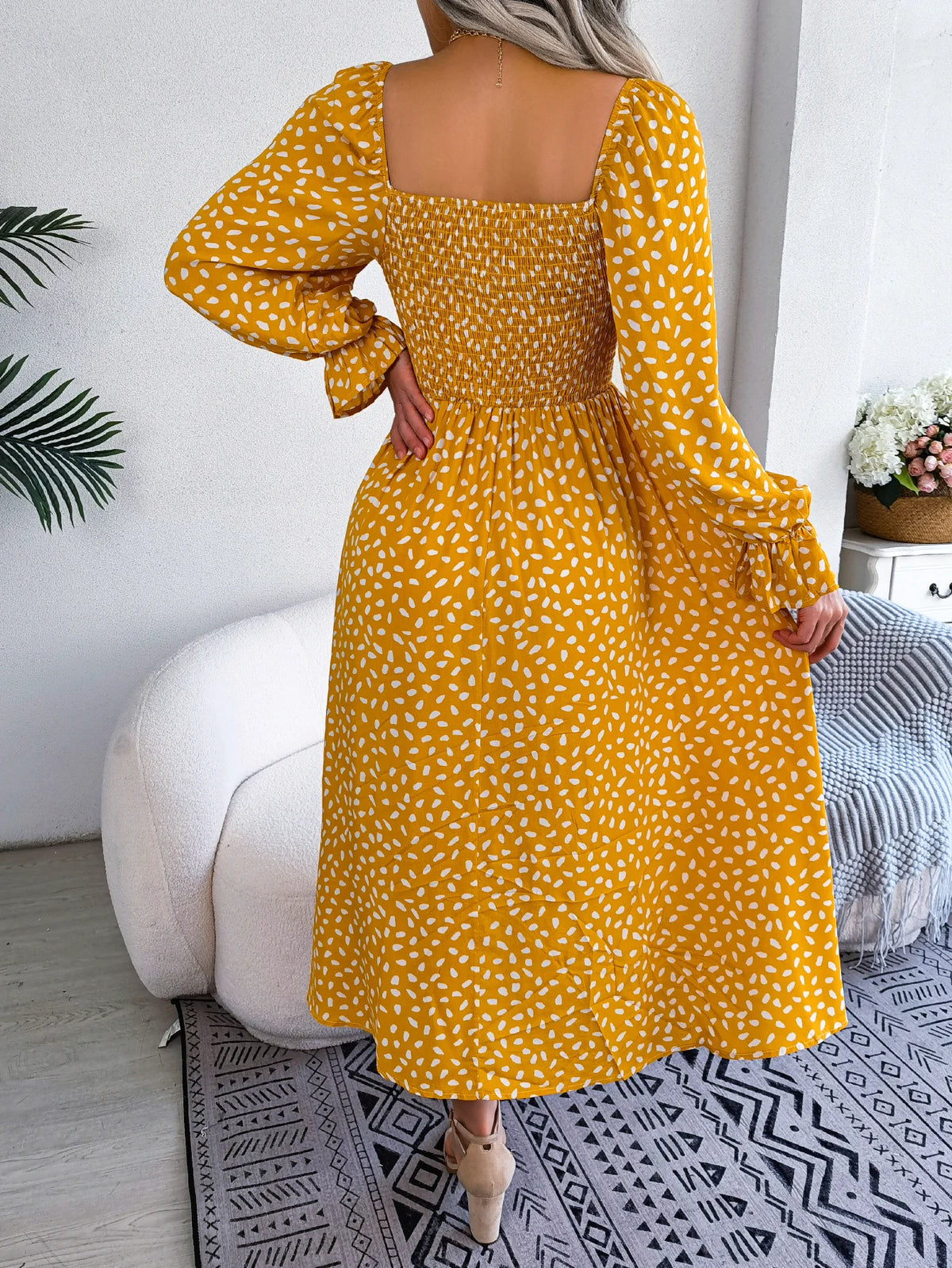 Spring Autumn Women's Elegant Polka Dot Square Neck Flare Long Sleeve Slim Waist Floral Dress Yellow Pink Red Woman Clothing