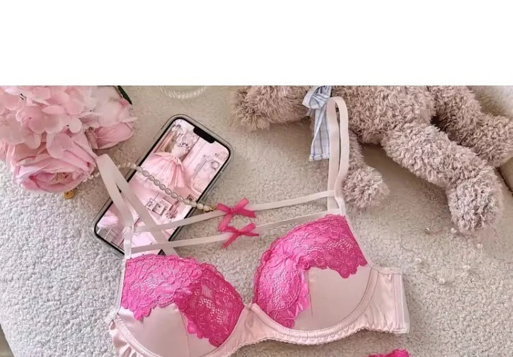 MOYISU Sweet Trap French Bow Bra Set - Wireless Push-Up for Petite Chest, Pure Seduction Lace Bralette with Elegant Ribbon Charm
