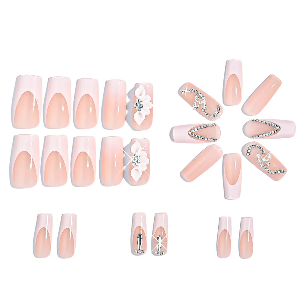 24Pcs Long Coffin French False Nails with Flower Butterfly Design Acrylic Full Cover Fake Nails Tips for Women Press On Nails