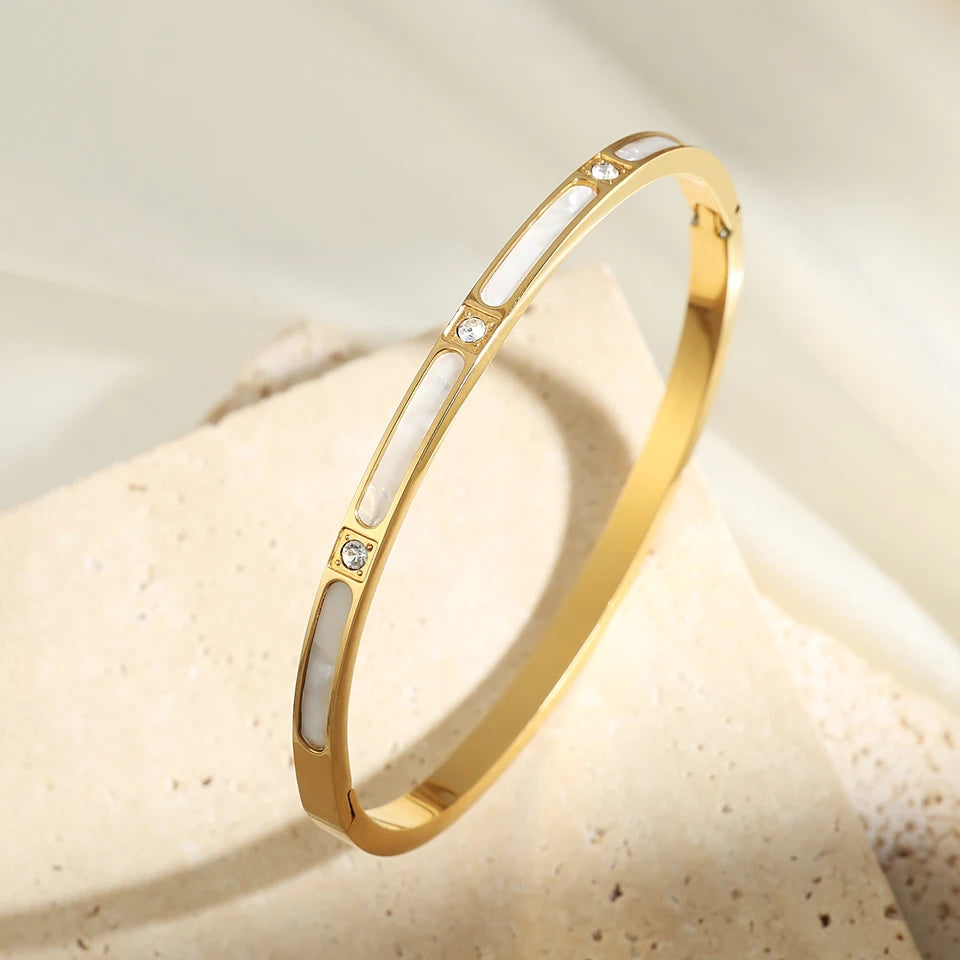 ZAKOL Niche Design White Fritillary Shell Stainless Steel Bracelet for Women Fashion Inlaid Zirconia Daily Bangle Jewelry Gift