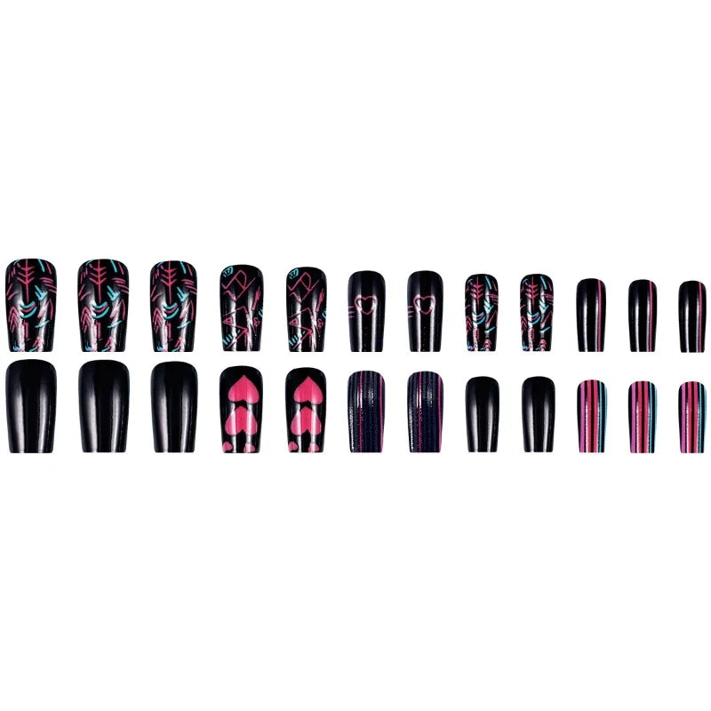 24PCS Black Medium Coffin False Nails Pink Heart Sweet Cool Stripes Press on Nails Full Cover Wearable Square Fake Nails Patches