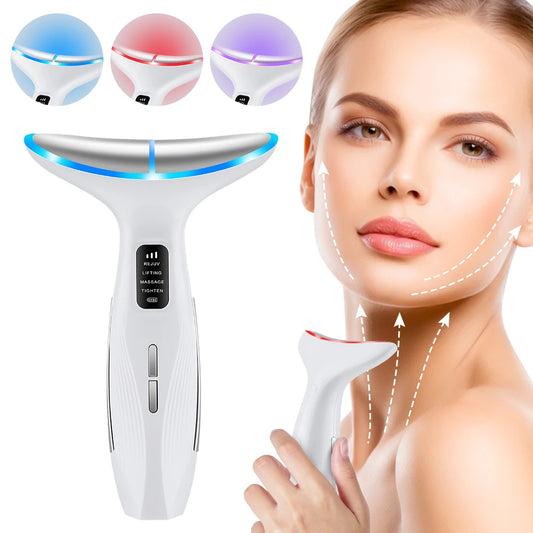 3 Color LED Face Neck Massager Beauty Device 3 Modes 3 Levels Home Use Vibration Lifting Anti Aging Improve Neck Lines Skin Care