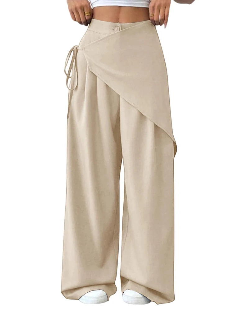 Elegant Irregular Suit Pants for Women High Waist Loose Wide Leg Pants Asymmetrical Lace Up Trousers Elastic Waist Casual Pants