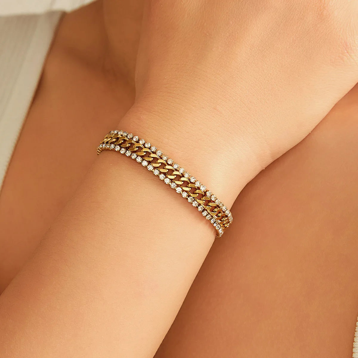 ZAKOL New Cubic Zirconia Tennis Bracelet 18K Gold Plated Stainless Steel Three Layer Wide Bracelet Luxury Jewelry Gift for Women