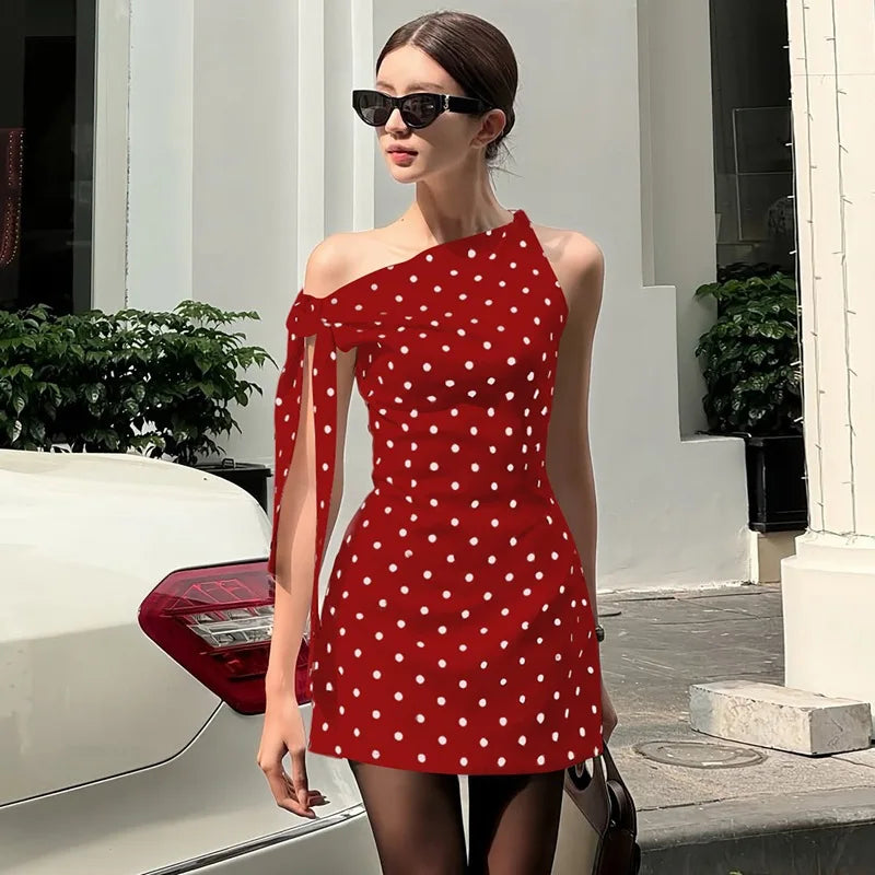 Summer Holiday Sexy Polka Dot Backless Asymmetrical Mini Dresses Strapless Lace-up Sleeveless Slim Fit Dress Vintage Party Dress