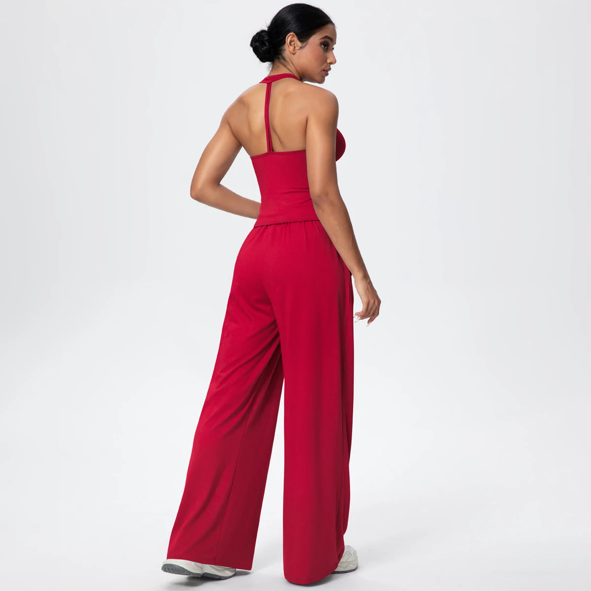 Breathable Loose Wide Leg Pants and Yoga Vest Set Solid Color High Stretch Pockets Pants Beautiful Back T-shaped Vest Yoga Suit
