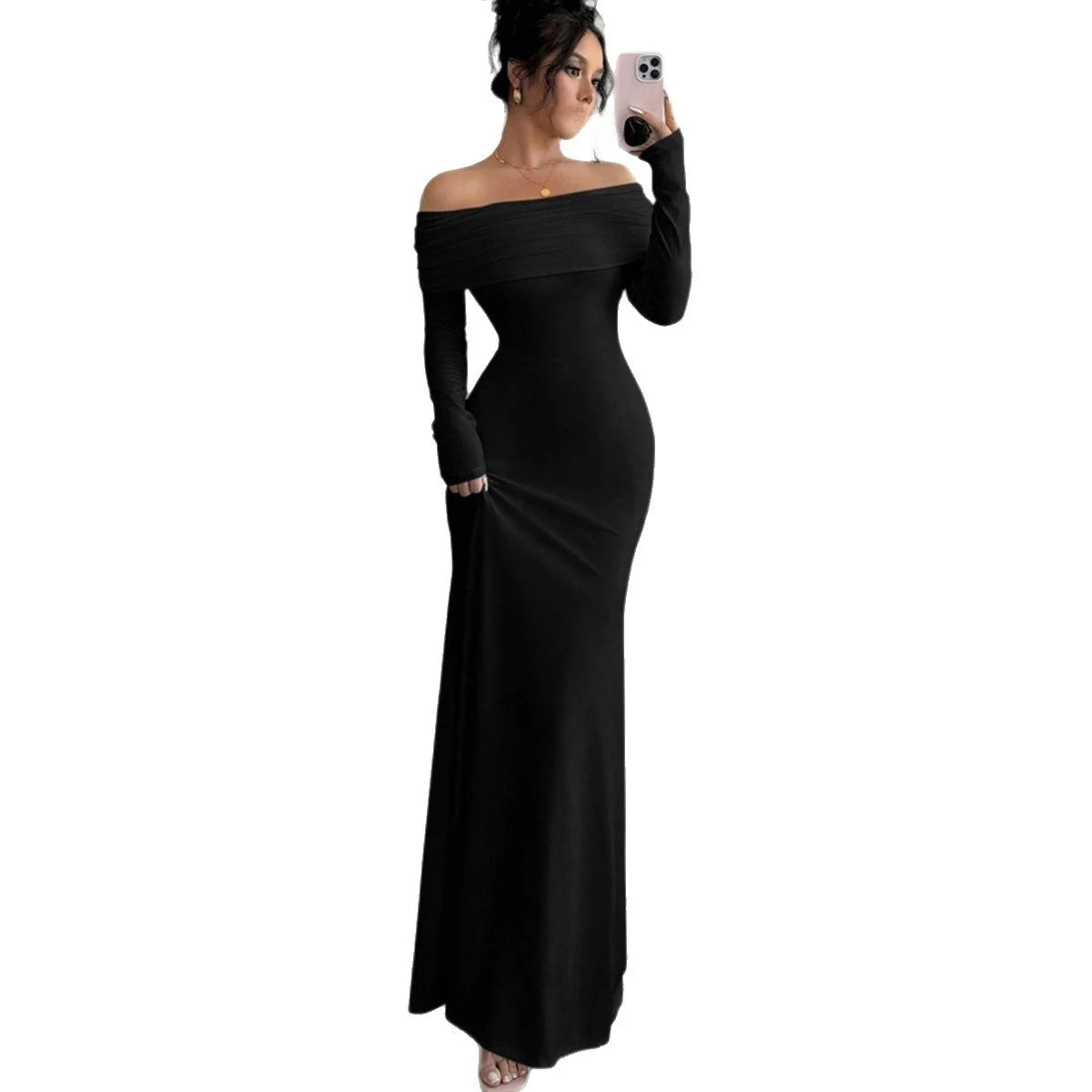 New arrival elegant women for spring season. Elegant long dress featuring a chic one-shoulder (slash neck)