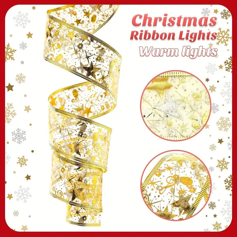 1pc Christmas Gilding Double Ribbon Christmas Ribbon LED String Lights Christmas Decorations Party Decorations Christmas Pendant