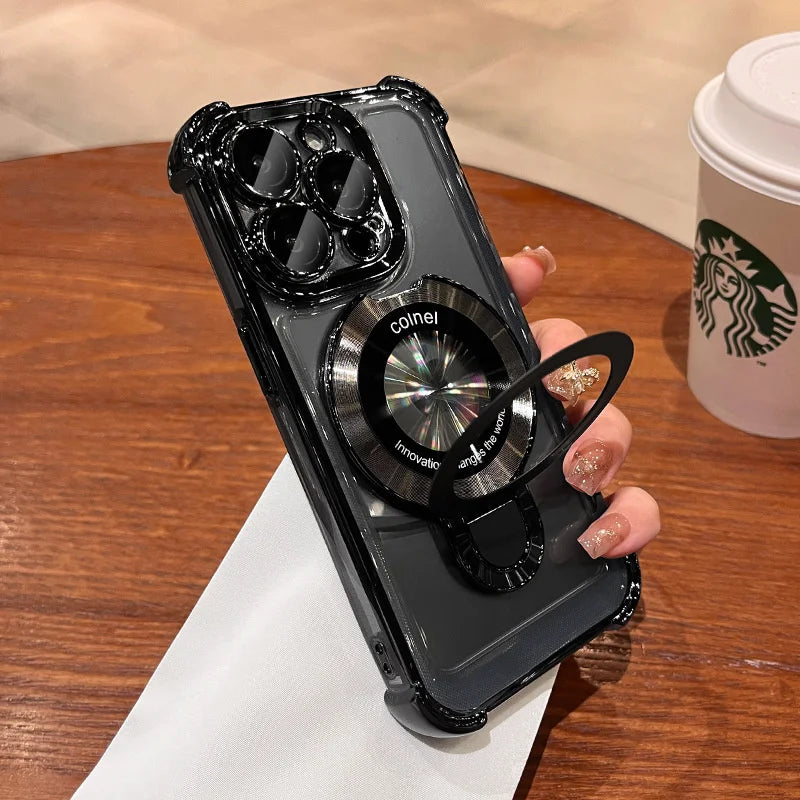 Luxury Plating Shockproof Magnetic Bracket For Magsafe Clear Case For iPhone 16 15 14 13 12 11 Pro Max With Holder Stand Cover