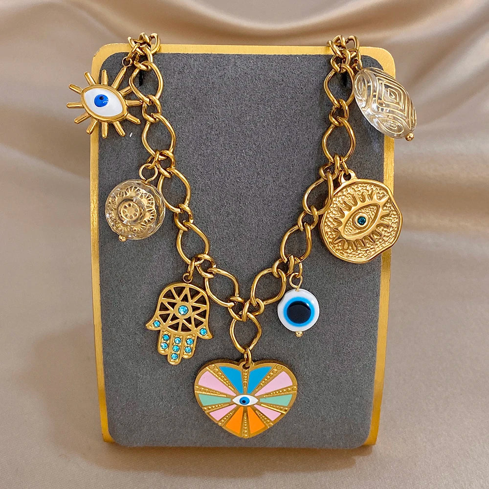 New Style Boho Women's Set Jewelry Vintage Devil's Eye Charm Enamel Heart Pendant Stainless Steel Necklace Bracelets Accessory
