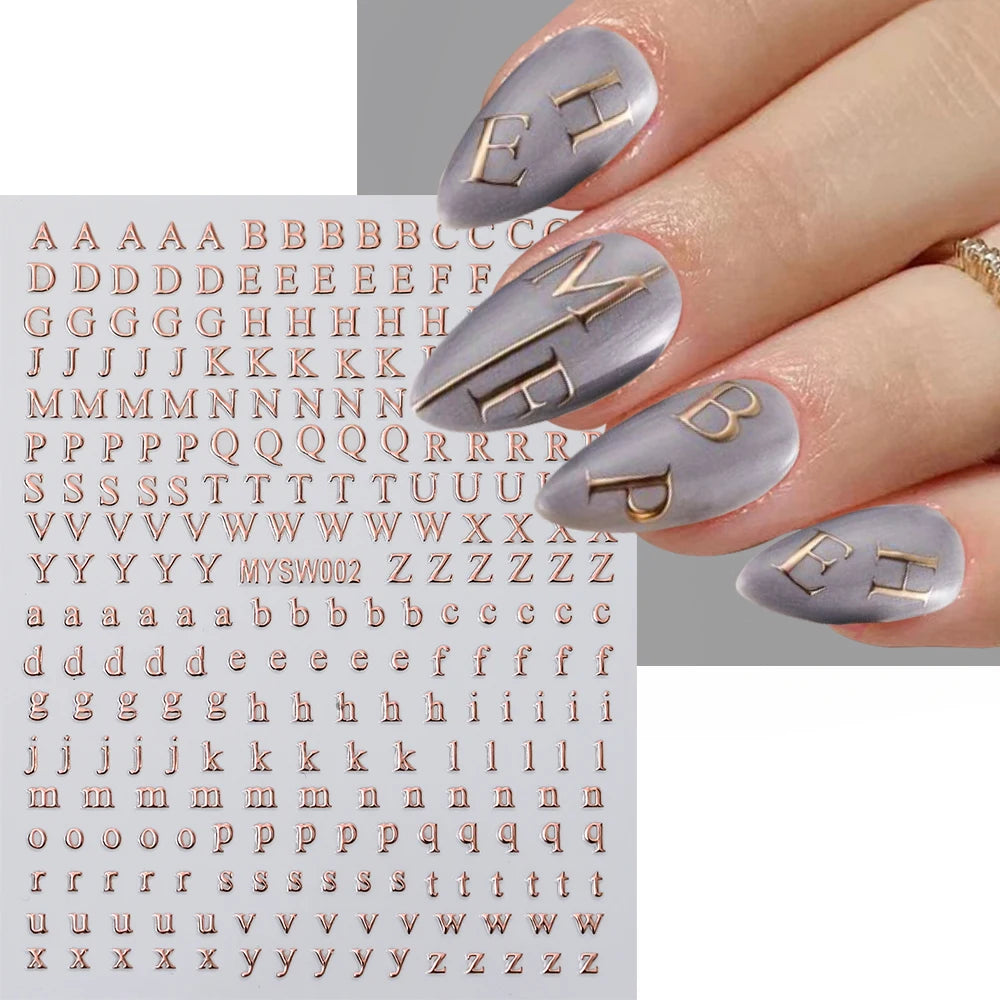 1pc Gold Silver English Letter Nail Sticker Black Laser 3D Alphabet Self Adhesive Decal English Words DIY Slider Manicure Decor