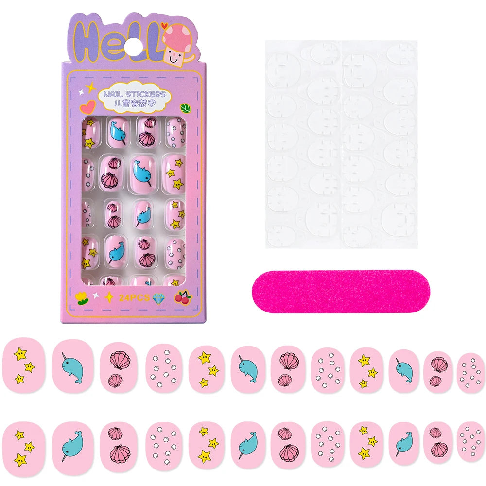 24Pcs/Box Cartoon Heart Bow Rainbow Design Kid Fake Nails Tips Cute False Nail Girls Press on Nails Full Cover Short Fingernails