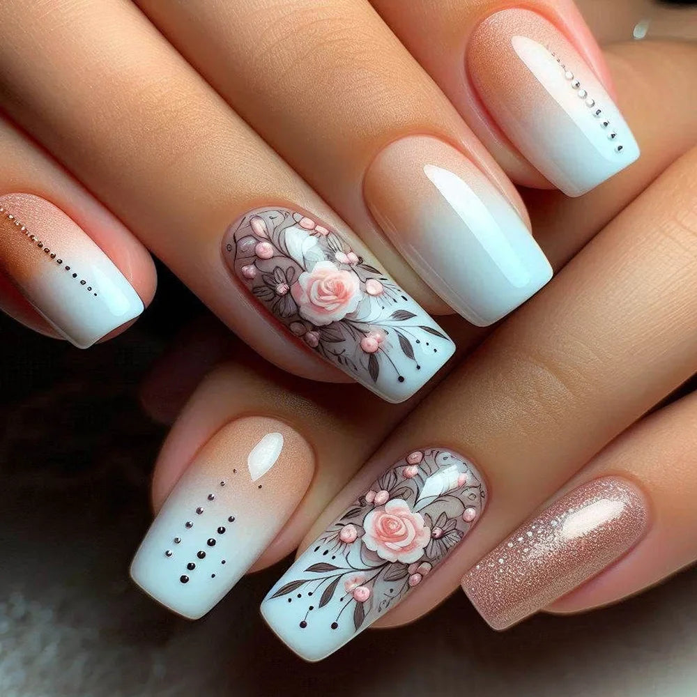 24Pcs Ladder-shaped Ballet False Nails with Glue Stripe Floral Nail Art Ombre French Press on Acrylic Nail Tips for Spice Girls