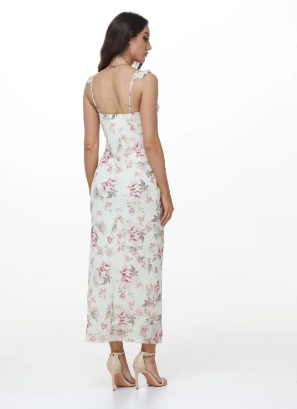 Elegant Summer Print Floral Dress Women V-neck Slim Ruffles Sleeveless Backless Long Dresses 2026 Beach Vacation Lady Vestidos