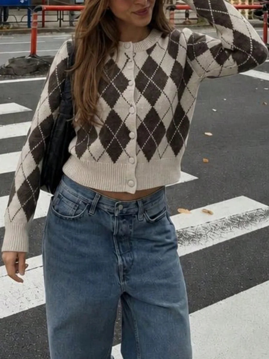 Vintage O-Neck Argyle Knitted Sweater Women Casual Single Breasted Long Sleeve Slim Cardigan Female Autumn Winter Streetwear
