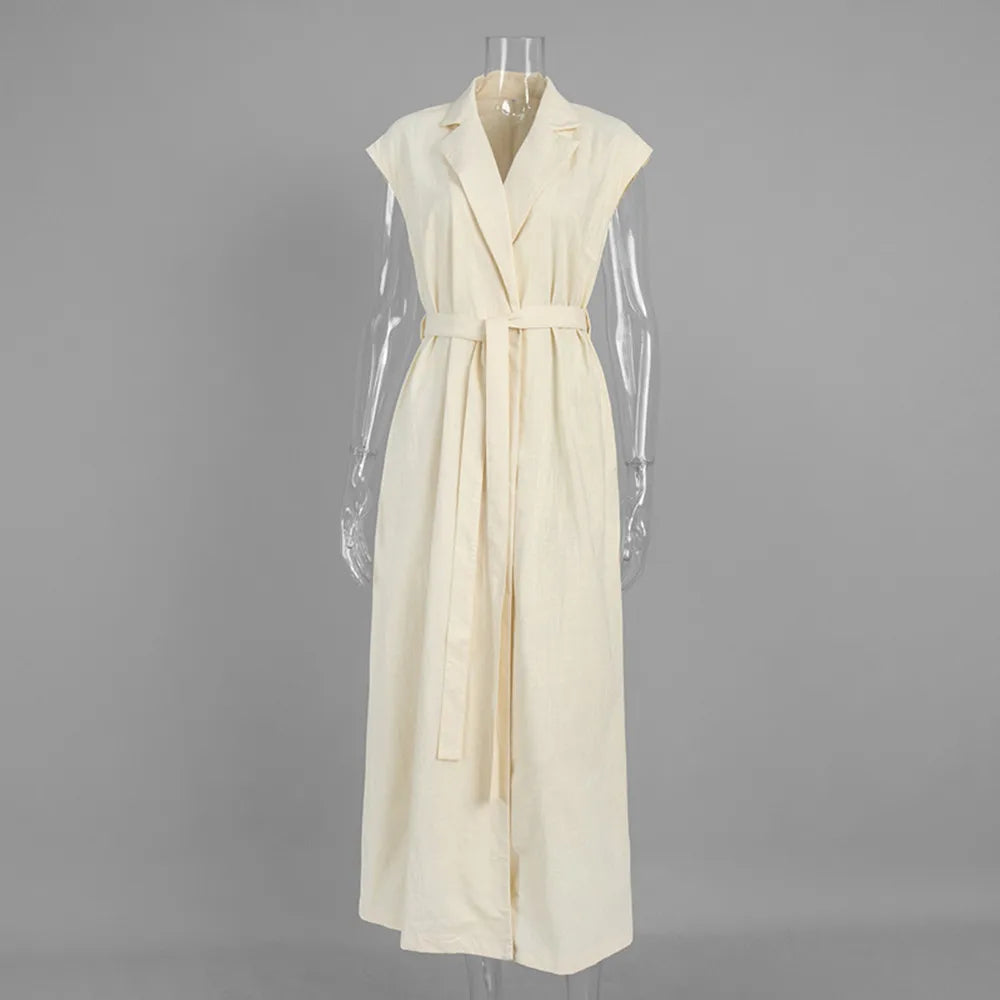 BKLD 2026 Spring Summer New Arrival Sleeveless Shirts Dress Casual Turn-Down Collar Tied Waist Dress Solid Color Women Clothing