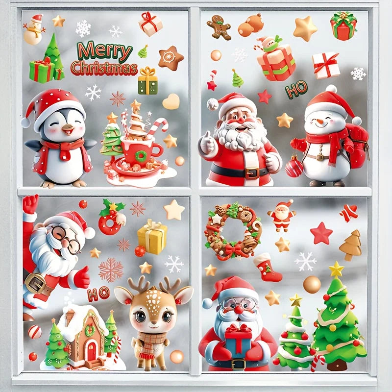 Xmas Cartoon Character Window Stickers, Santa Penguin Snowman Reindeer Christmas Window Clings, Festive Removable Glass Decals 