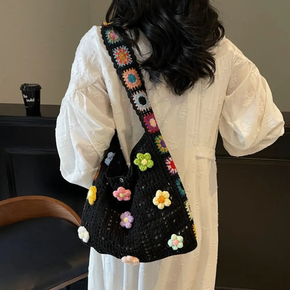 Boho Knitting Shoulder Bag Floral Large Capacity Bohemian Crochet Crossbody Bag Ethnic Style Lazy Style Casual Woven Handbag