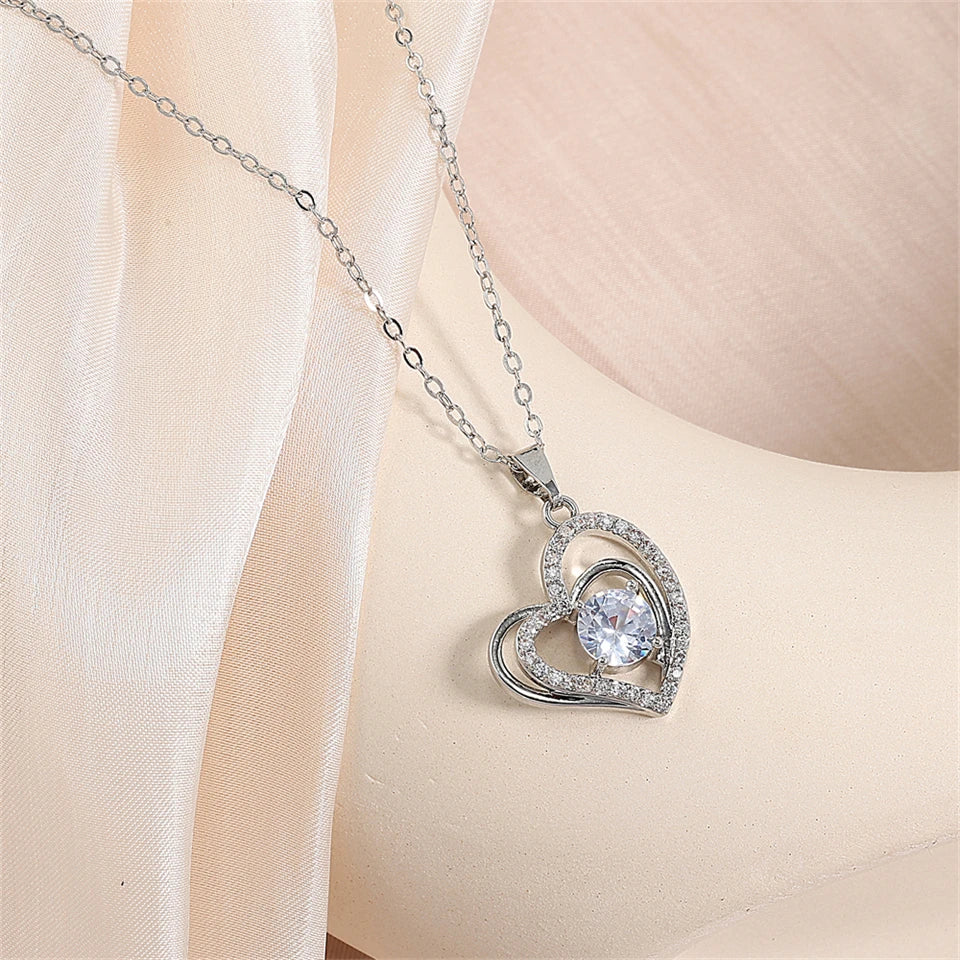 ZAKOL Simple Geometric Crystal White Zircon Pendant Necklace For Women Silver-Color Wedding Party Jewelry Gift With Box
