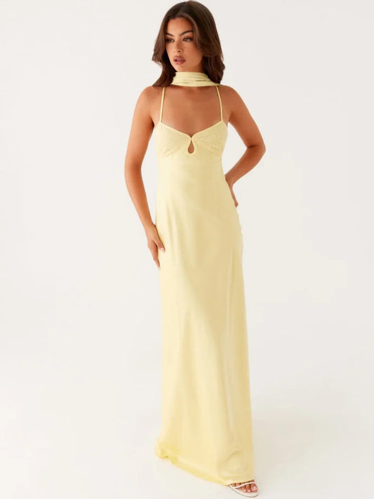 Summer Vacation Elegant Solid Scarf Collar Sling Dress Women V-neck Sleeveless Backless High Waist Slim Maxi Dress Evening Gowns