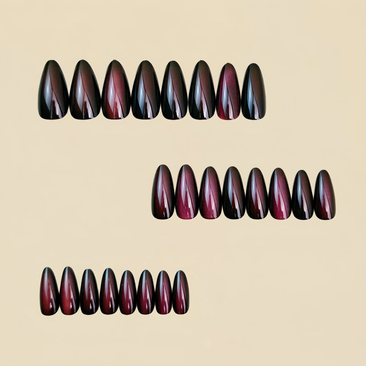 Medium fake nails for women girls wine red black glossy shimmer cat eyes Almond nail tips full cover press on acrylic false nail