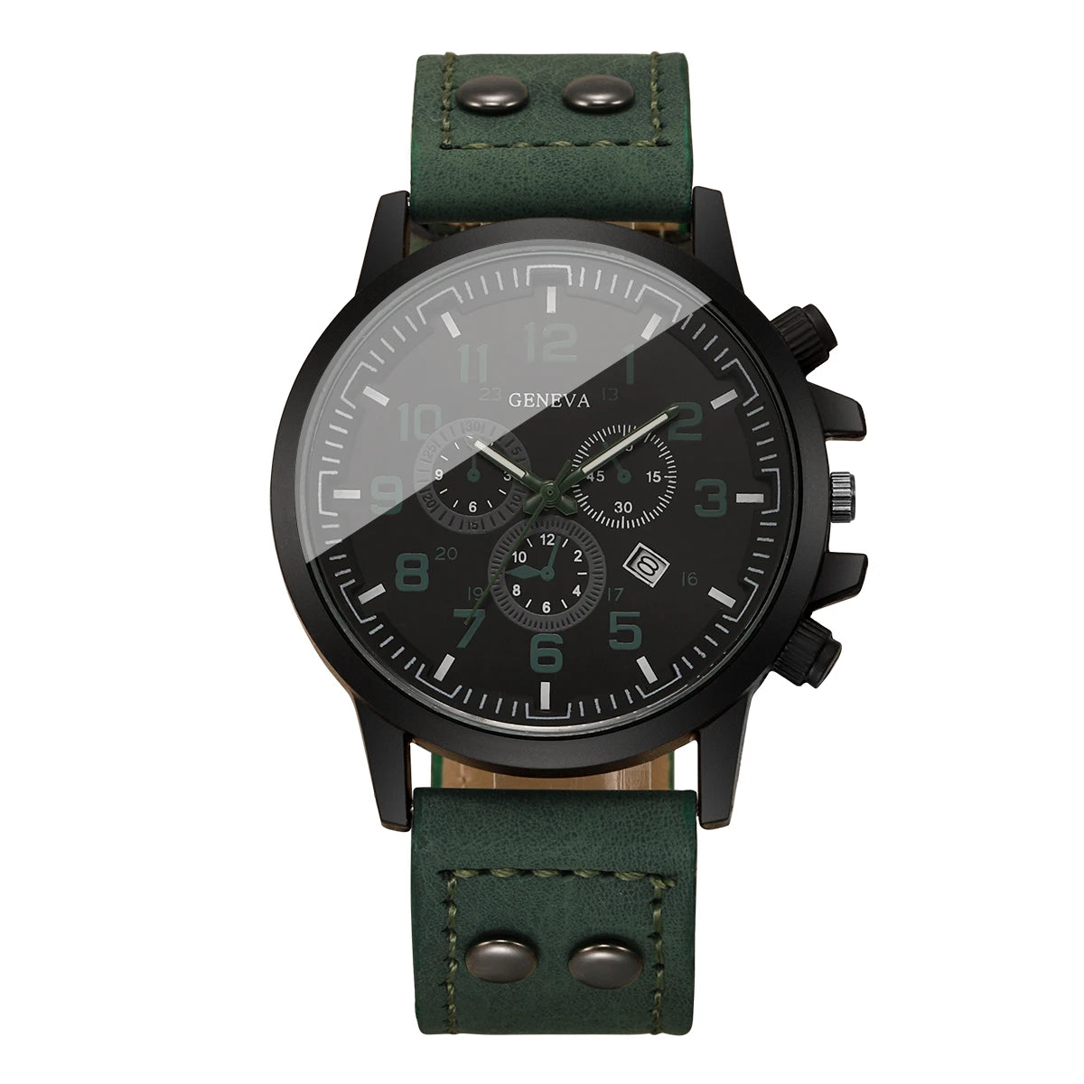 Casual Men Sport Quartz Watch Green Leather Strap Calendar Analog Male's Military Wristwatches Relogio Masculino（Without Box）