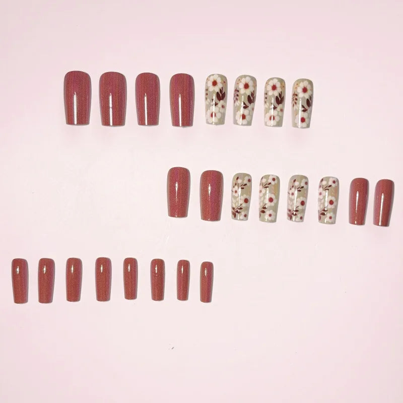 24 Pieces of Autumn and Winter Daisy Manicure, Gentle Brown Pure Color Wearable Nails