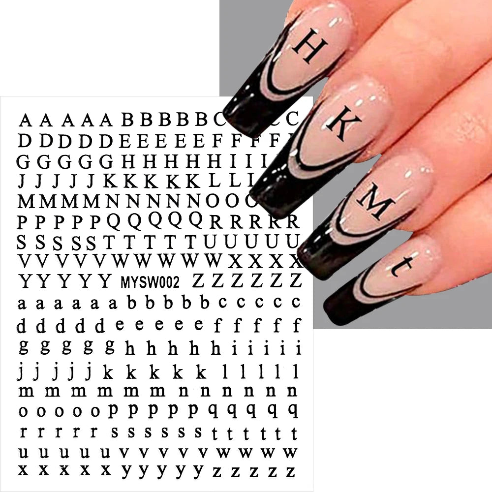 1pc Gold Silver English Letter Nail Sticker Black Laser 3D Alphabet Self Adhesive Decal English Words DIY Slider Manicure Decor