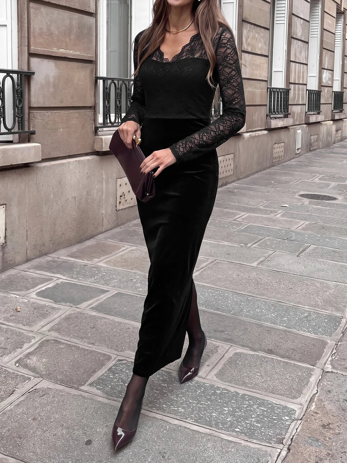 Women Velvet Maxi Dress Long Sleeve V Neck Lace Patchwork Bodycon Long Dress Elegant Evening Party Nightclub Slim Fit Dress