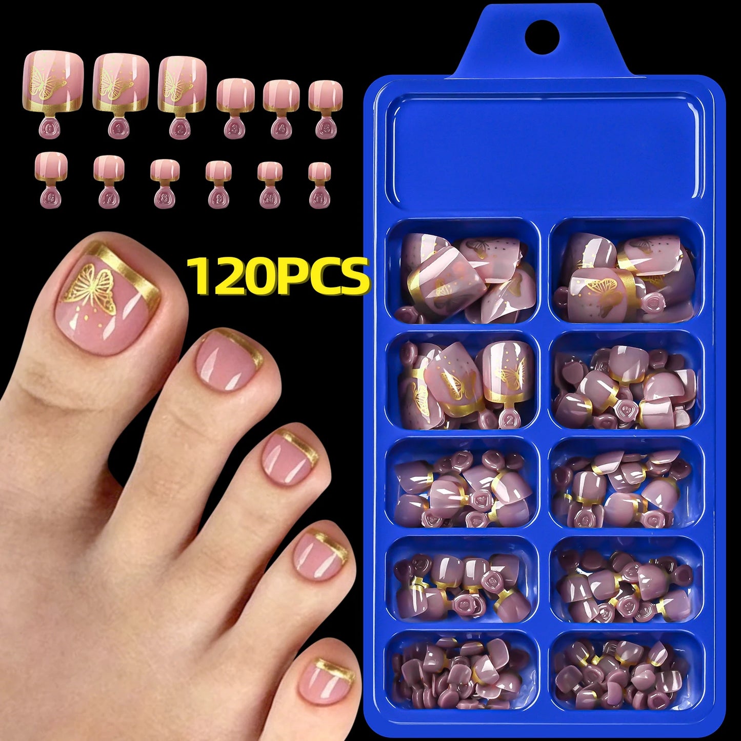 120Pcs Bronzing White Butterfly Design Fake Toenail Short Square Full Cover French False Toe Nails Summer Press On Toenails