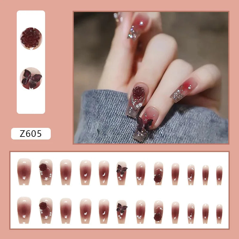 24pcs Galaxy Star Gradient Black Purple Nail Art Glitter Long Press on Nails with Charms Summer Korean Coffin False Nails Girls