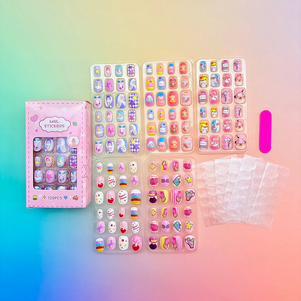 120Pcs Cartoon False Nails for Girls Kawaii Acrylic Short Square Full Cover Fake Nails Tips Kids Press on Nails with Jelly Glue