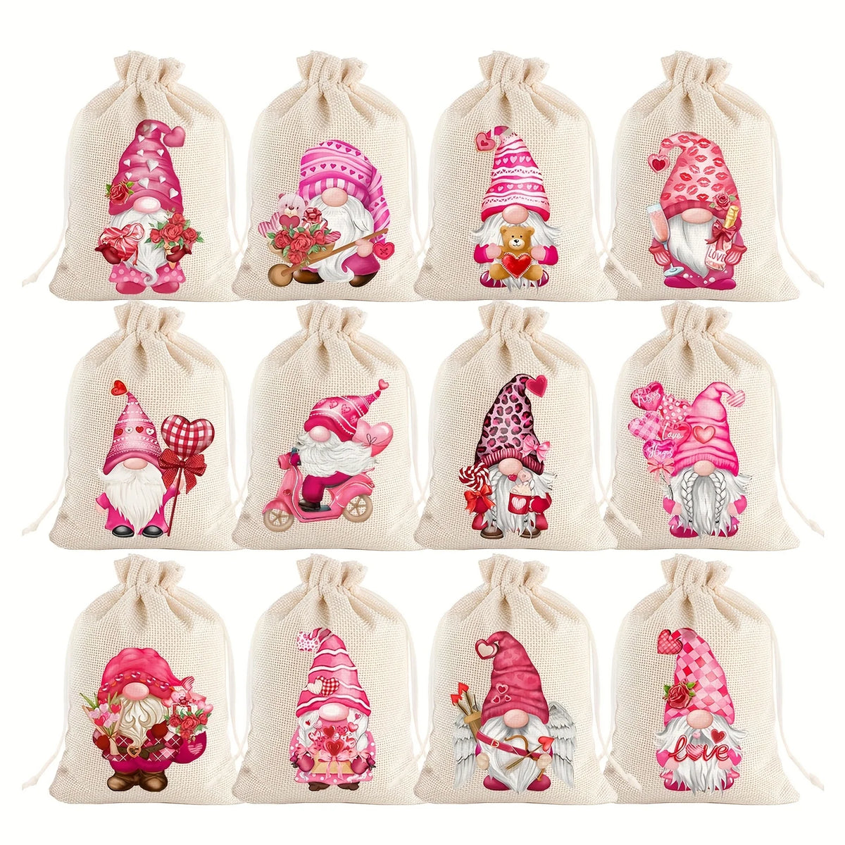 12Pcs Retro Red Truck Christmas Drawstring Pockets, Various Christmas Element Carriers, Painted and Printed Fabric Small Bags