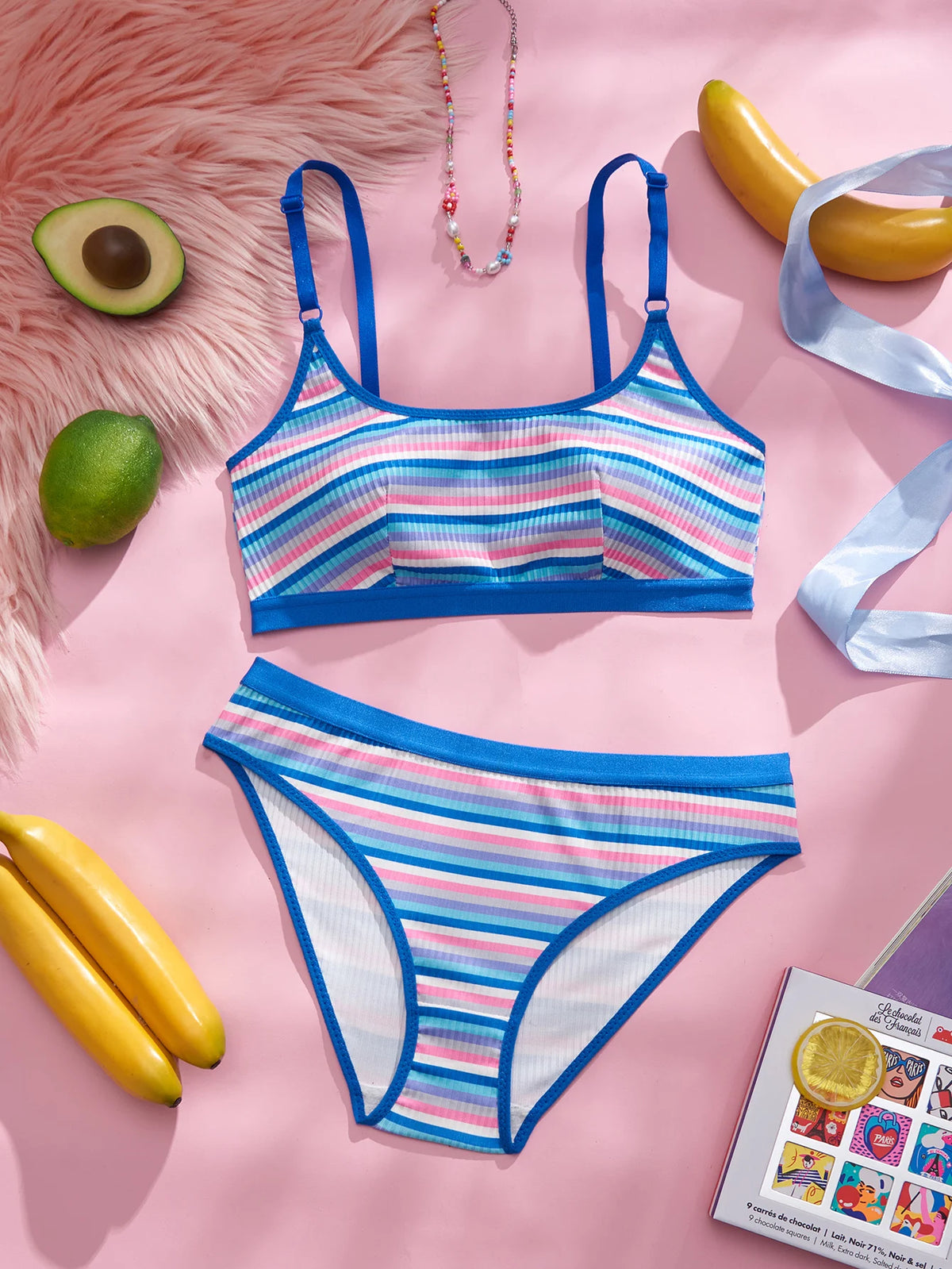 Brazilian Style Striped Women Lingerie Set Color Block Wireless Unpadded Bra Intimates Panties Underwear