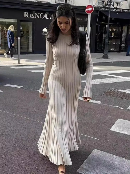 Vintage Lace-Up Female Knit Maxi Dress Elegant High Waist Patchwork Long Sleeve Loose Solid Dress Bodycon Knitwear Basic Dresses